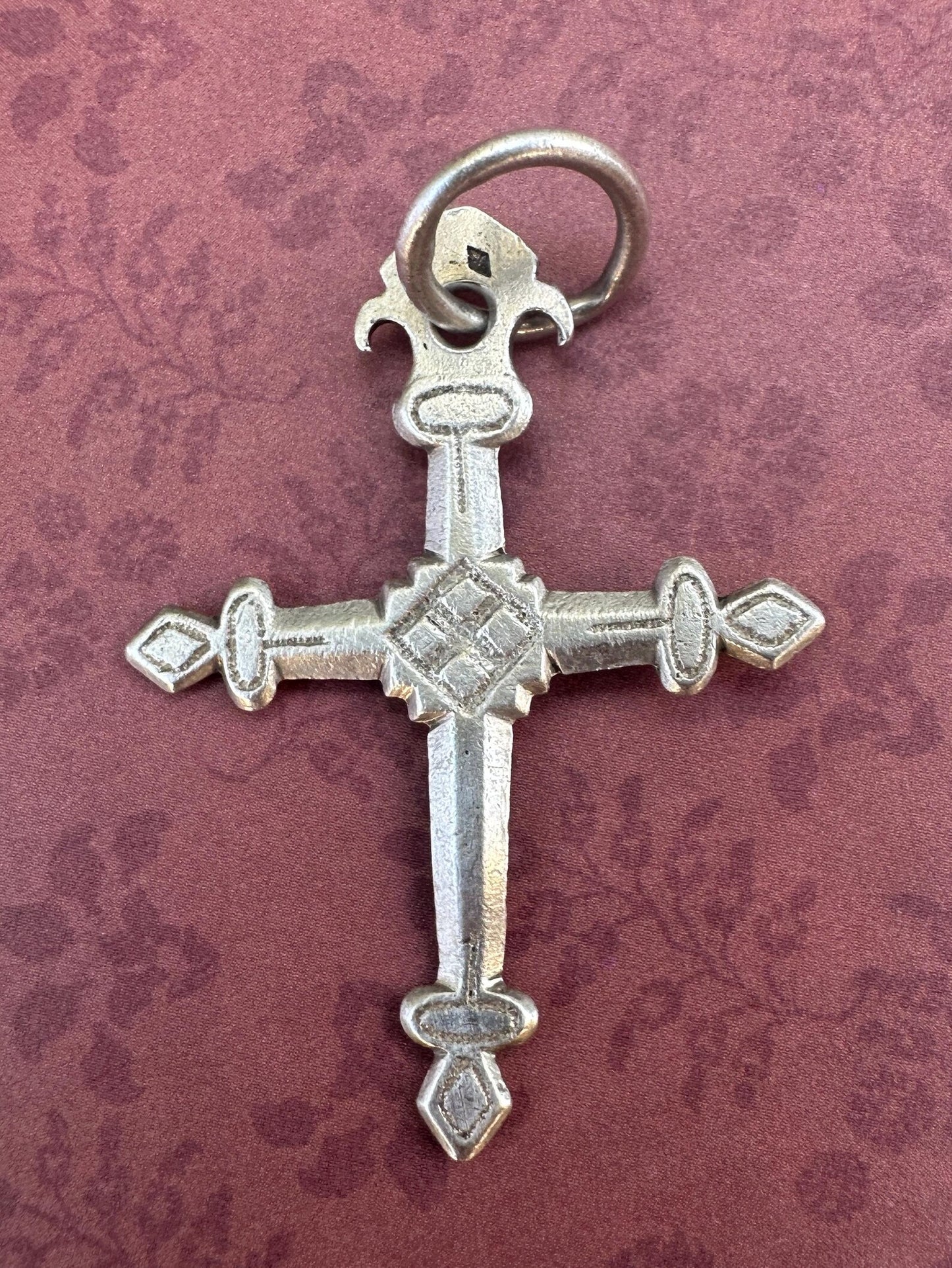 Antique French Jeannette Cross Pendant – Silver-Tone Religious Jewelry