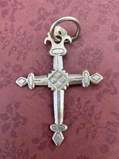 Antique French Jeannette Cross Pendant – Silver-Tone Religious Jewelry