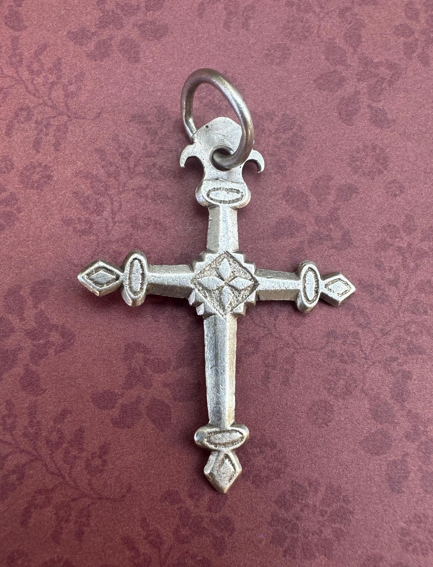 Antique French Jeannette Cross Pendant – Silver-Tone Religious Jewelry