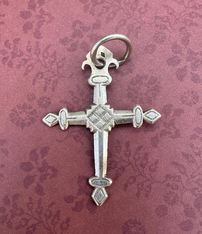 Antique French Jeannette Cross Pendant – Silver-Tone Religious Jewelry