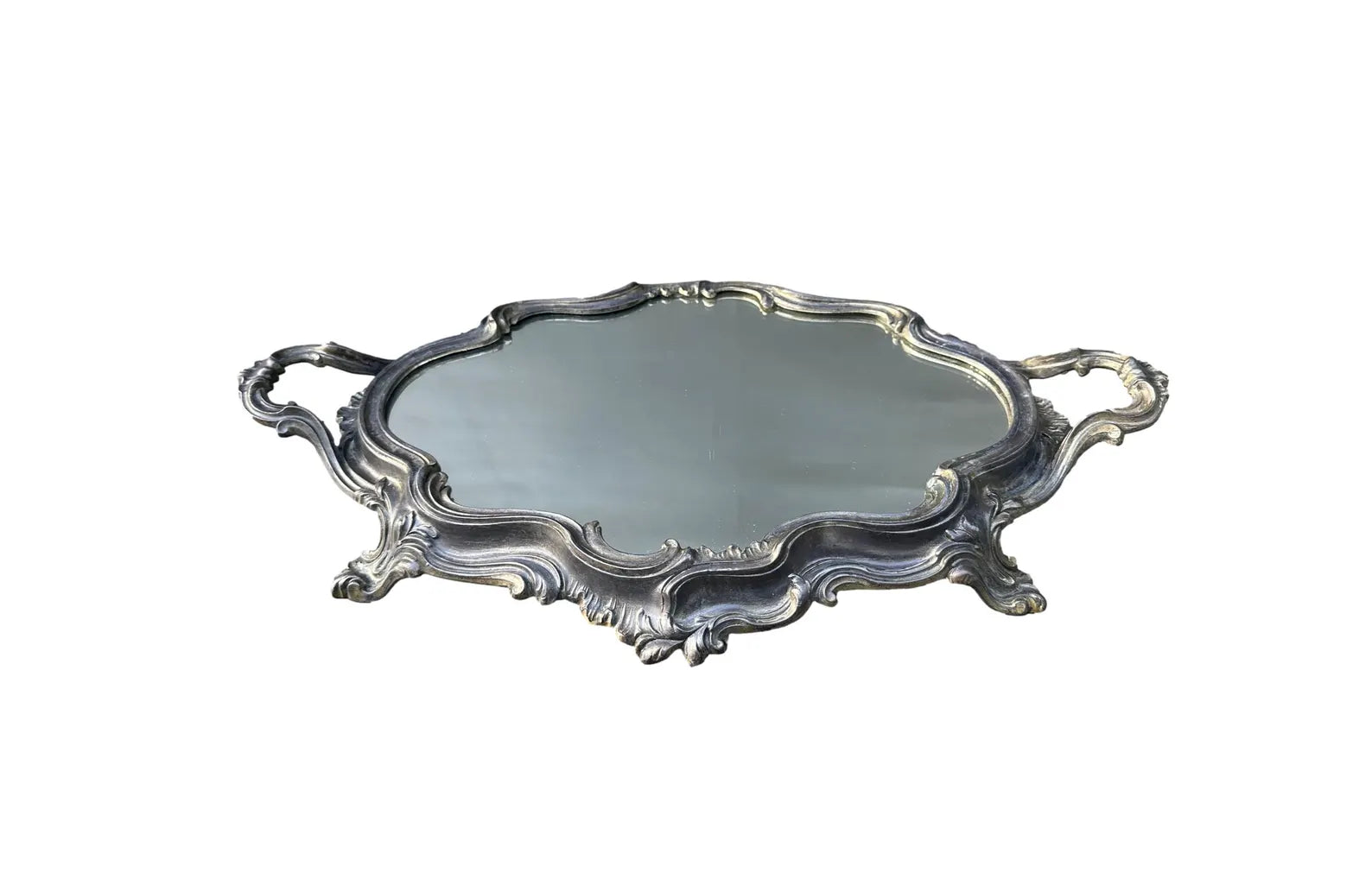 French antique Louis XV style silver centerpiece mirror tray, showcasing intricate craftsmanship and vintage elegance. Perfect for vanity or decorative display.