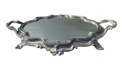 French antique Louis XV style silver centerpiece mirror tray, showcasing intricate craftsmanship and vintage elegance. Perfect for vanity or decorative display.