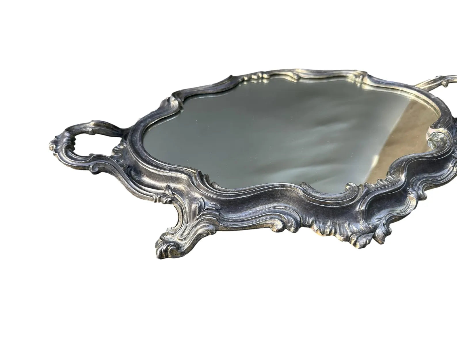 French antique Louis XV style silver centerpiece mirror tray, showcasing intricate craftsmanship and vintage elegance. Perfect for vanity or decorative display.