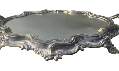 French antique Louis XV style silver centerpiece mirror tray, showcasing intricate craftsmanship and vintage elegance. Perfect for vanity or decorative display.