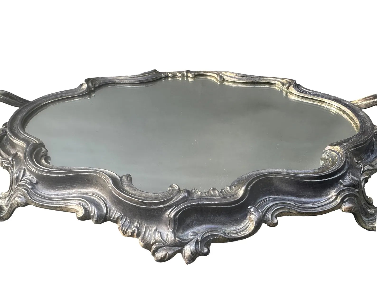 French antique Louis XV style silver centerpiece mirror tray, showcasing intricate craftsmanship and vintage elegance. Perfect for vanity or decorative display.