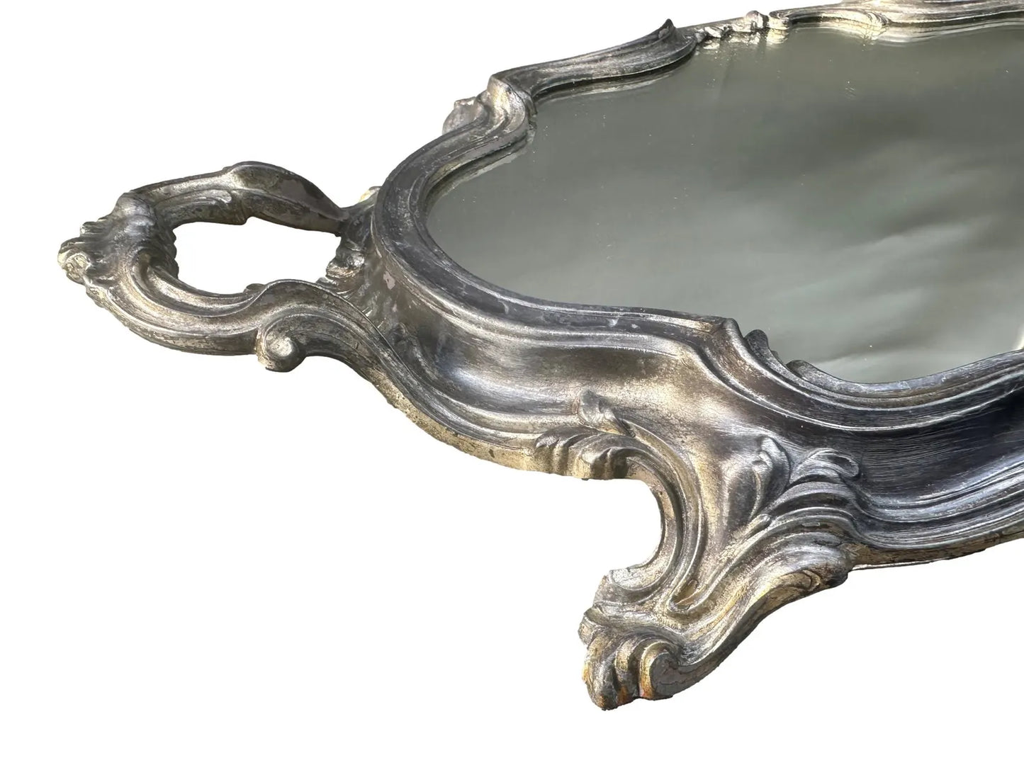 French antique Louis XV style silver centerpiece mirror tray, showcasing intricate craftsmanship and vintage elegance. Perfect for vanity or decorative display.