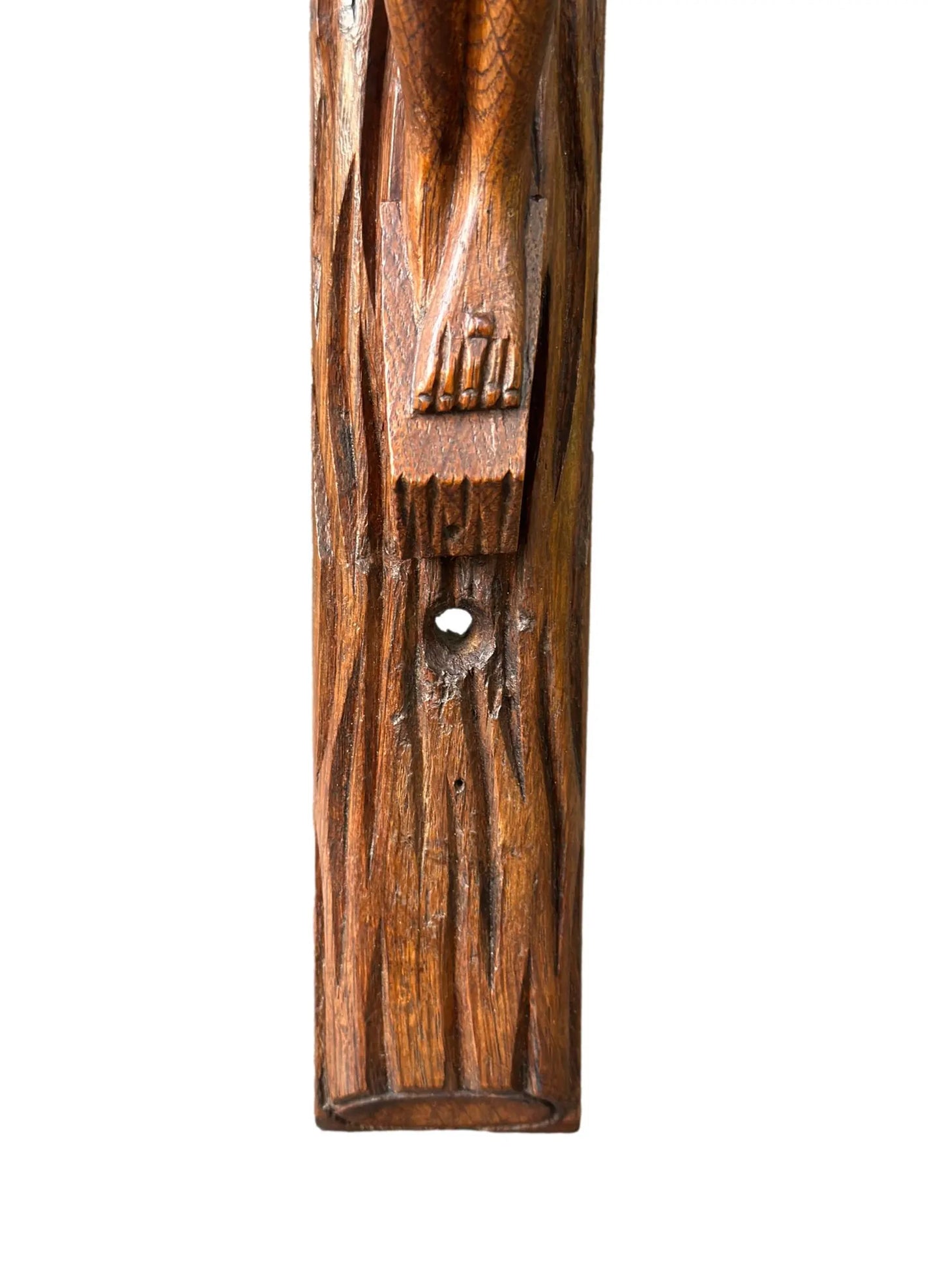 Close-up of a large hand-carved wood wall cross featuring a detailed wooden Jesus corpus statue. A stunning piece of folk art perfect for altars or rustic home decor.