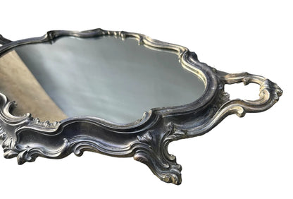 French antique Louis XV style silver centerpiece mirror tray, showcasing intricate craftsmanship and vintage elegance. Perfect for vanity or decorative display.