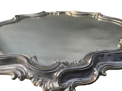 French antique Louis XV style silver centerpiece mirror tray, showcasing intricate craftsmanship and vintage elegance. Perfect for vanity or decorative display.