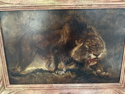 Art Deco Lion  Painting Oil On Cardboard