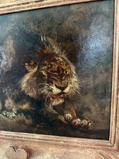 Art Deco Lion  Painting Oil On Cardboard