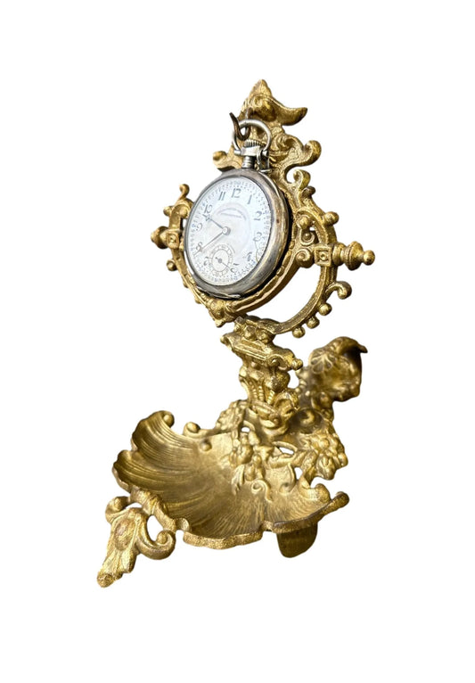 Antique French Gilded Bronze Pocket Watch Holder Stand Rococo Style