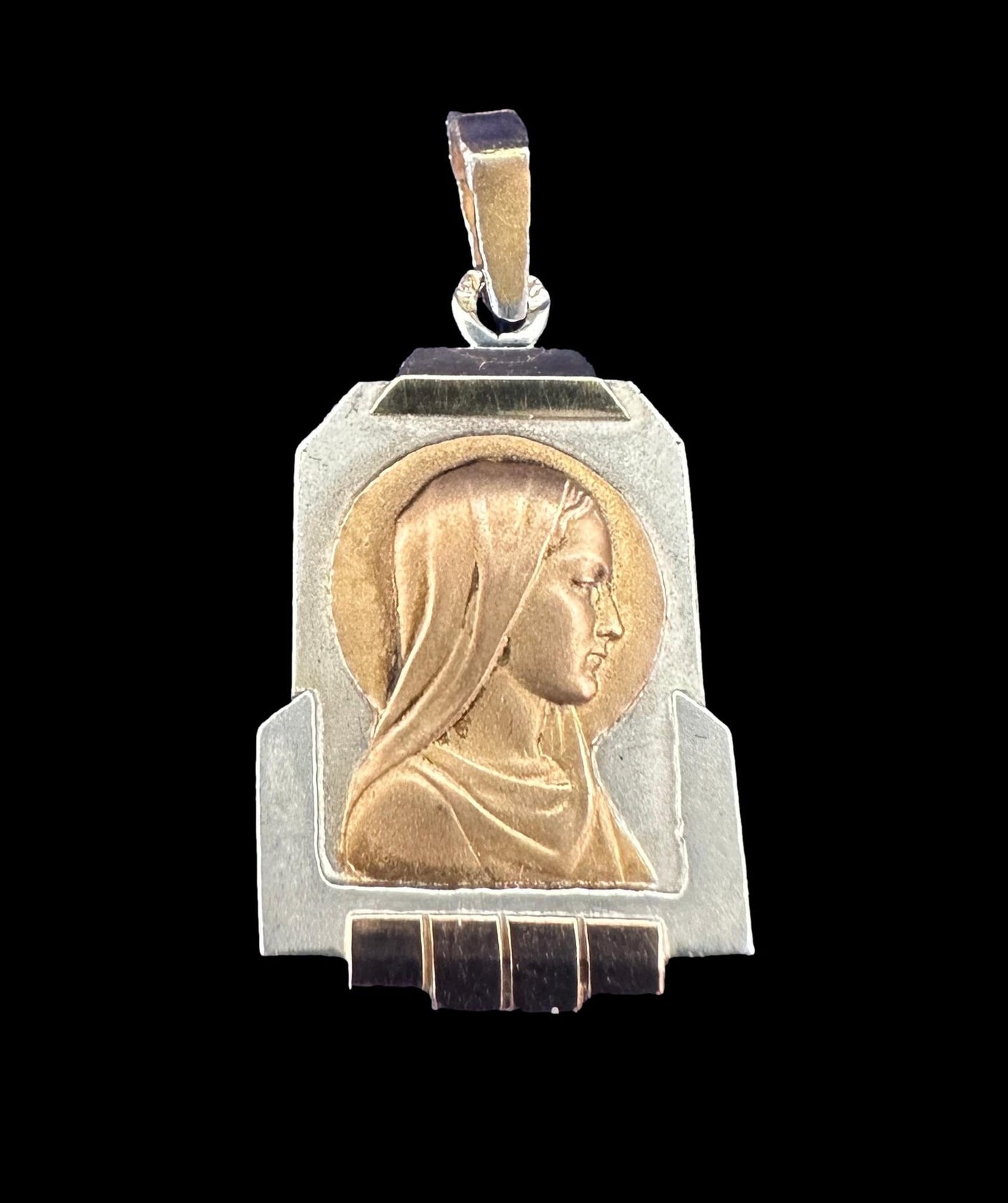 Art Deco French Virgin Mary medal in 18K gold, vermeil and sterling silver, antique Catholic pendant with Mary in profile.