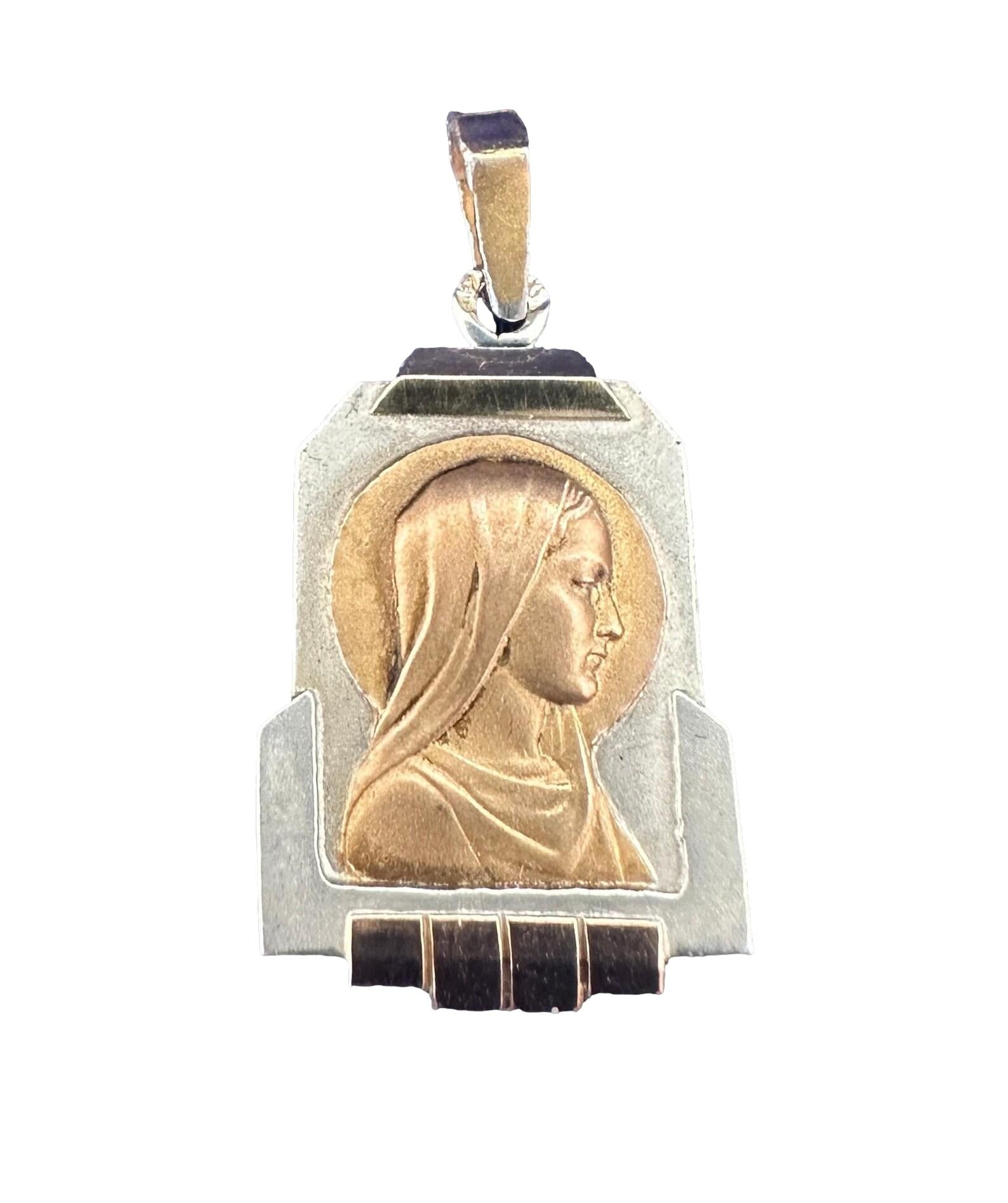 Art Deco French Virgin Mary medal in 18K gold, vermeil and sterling silver, antique Catholic pendant with Mary in profile.