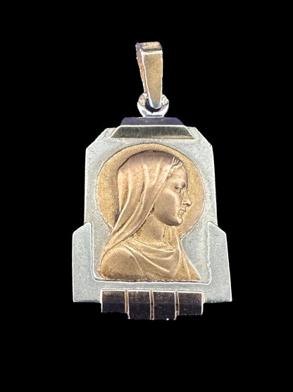 Art Deco French Virgin Mary Medal – 18K Gold & Vermeil on Sterling Silver