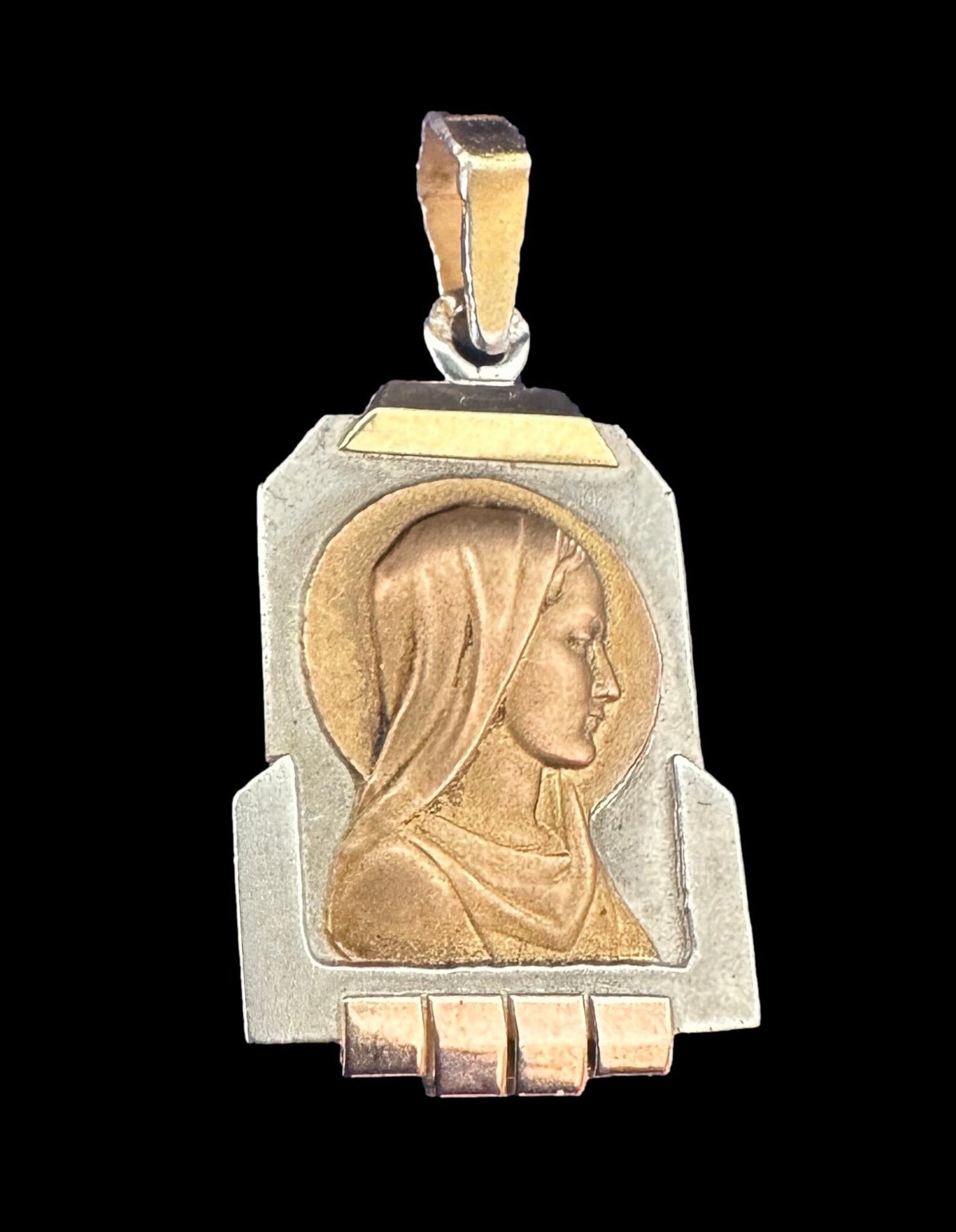 Art Deco French Virgin Mary Medal – 18K Gold & Vermeil on Sterling Silver