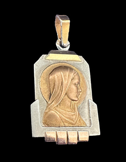 Art Deco French Virgin Mary Medal – 18K Gold & Vermeil on Sterling Silver