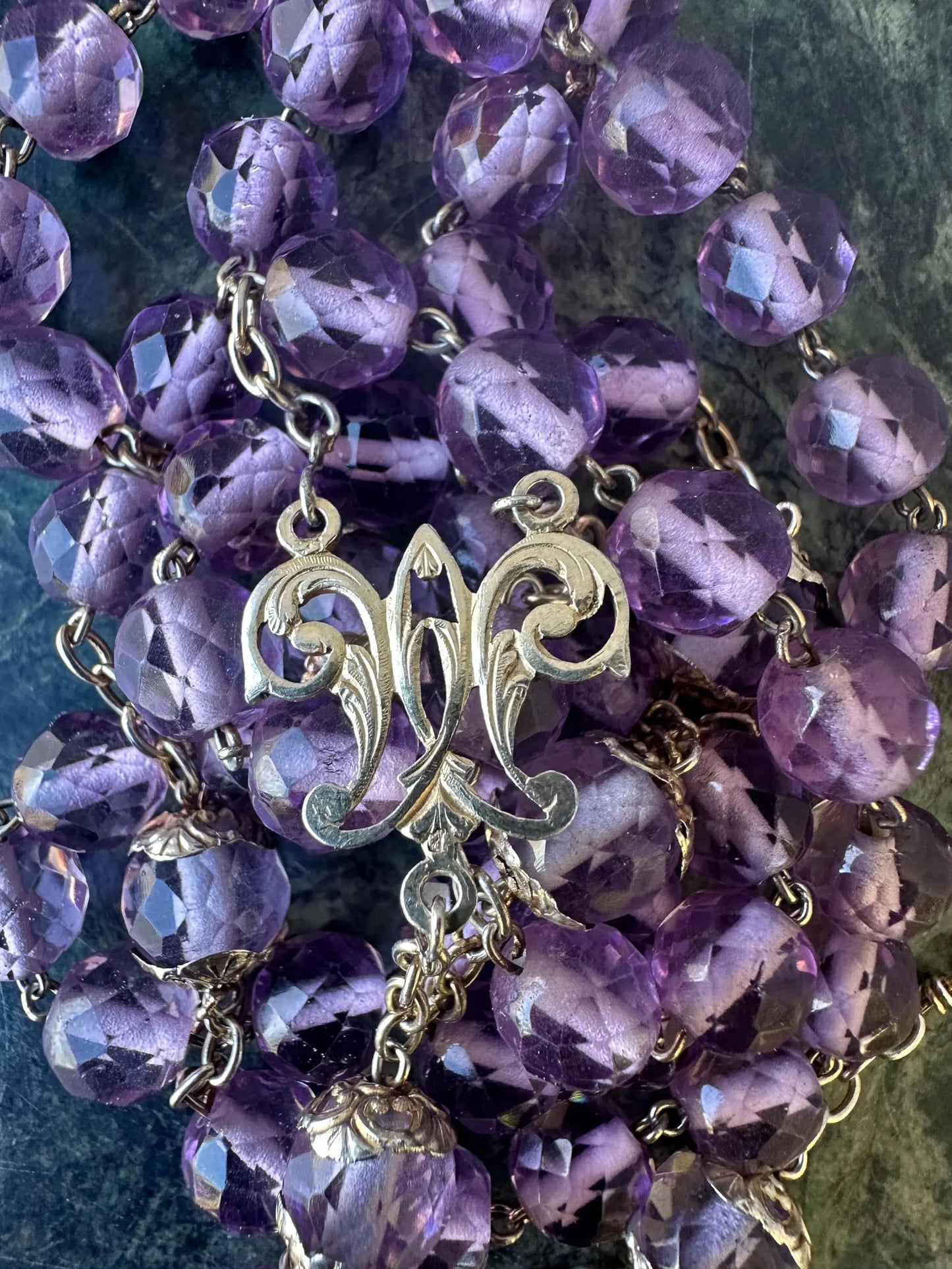 French Art Nouveau Vermeil Rosary – Faceted Purple Crystal & Sterling Silver