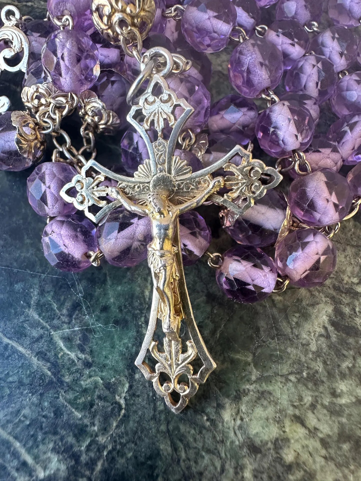 French Art Nouveau Vermeil Rosary – Faceted Purple Crystal & Sterling Silver