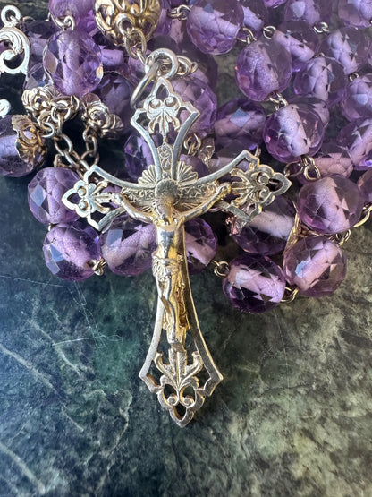 French Art Nouveau Vermeil Rosary – Faceted Purple Crystal & Sterling Silver
