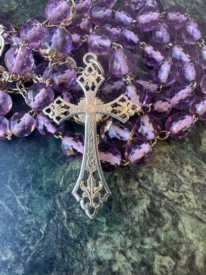 French Art Nouveau Vermeil Rosary – Faceted Purple Crystal & Sterling Silver