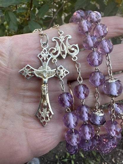 French Art Nouveau Vermeil Rosary – Faceted Purple Crystal & Sterling Silver