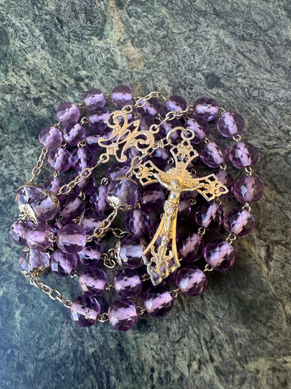 Antique French Art Nouveau rosary with faceted purple crystal beads and vermeil crucifix on sterling silver chain.