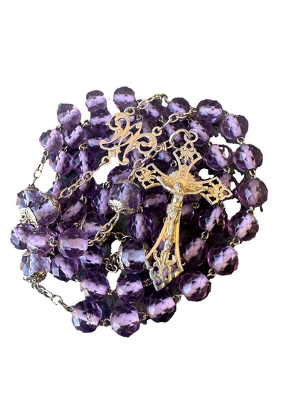 Antique French Art Nouveau rosary with faceted purple crystal beads and vermeil crucifix on sterling silver chain.