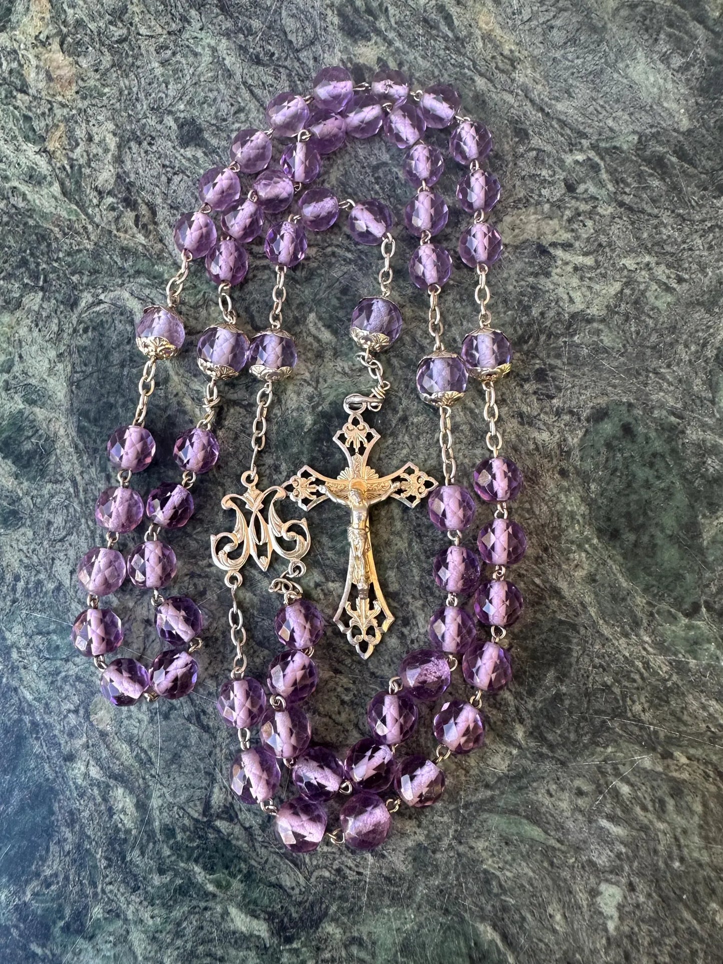 French Art Nouveau Vermeil Rosary – Faceted Purple Crystal & Sterling Silver