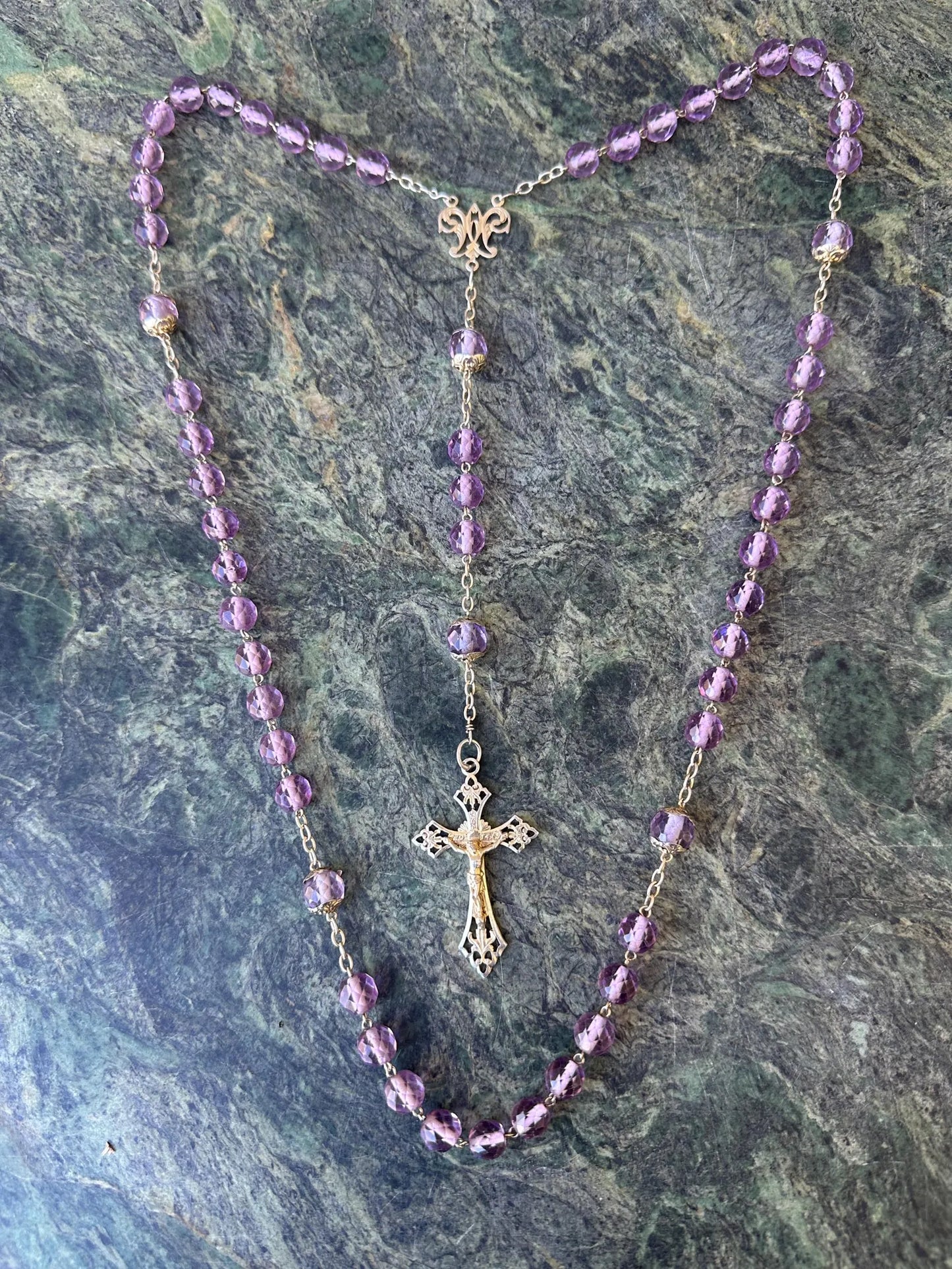 French Art Nouveau Vermeil Rosary – Faceted Purple Crystal & Sterling Silver