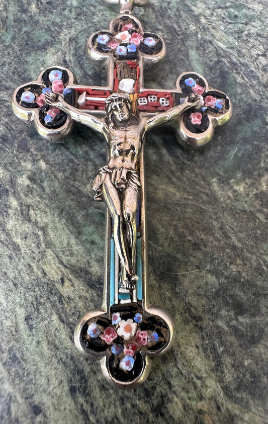Antique Silvered Bronze Christian Cross with Micro-Mosaics – Arma Christi Symbols