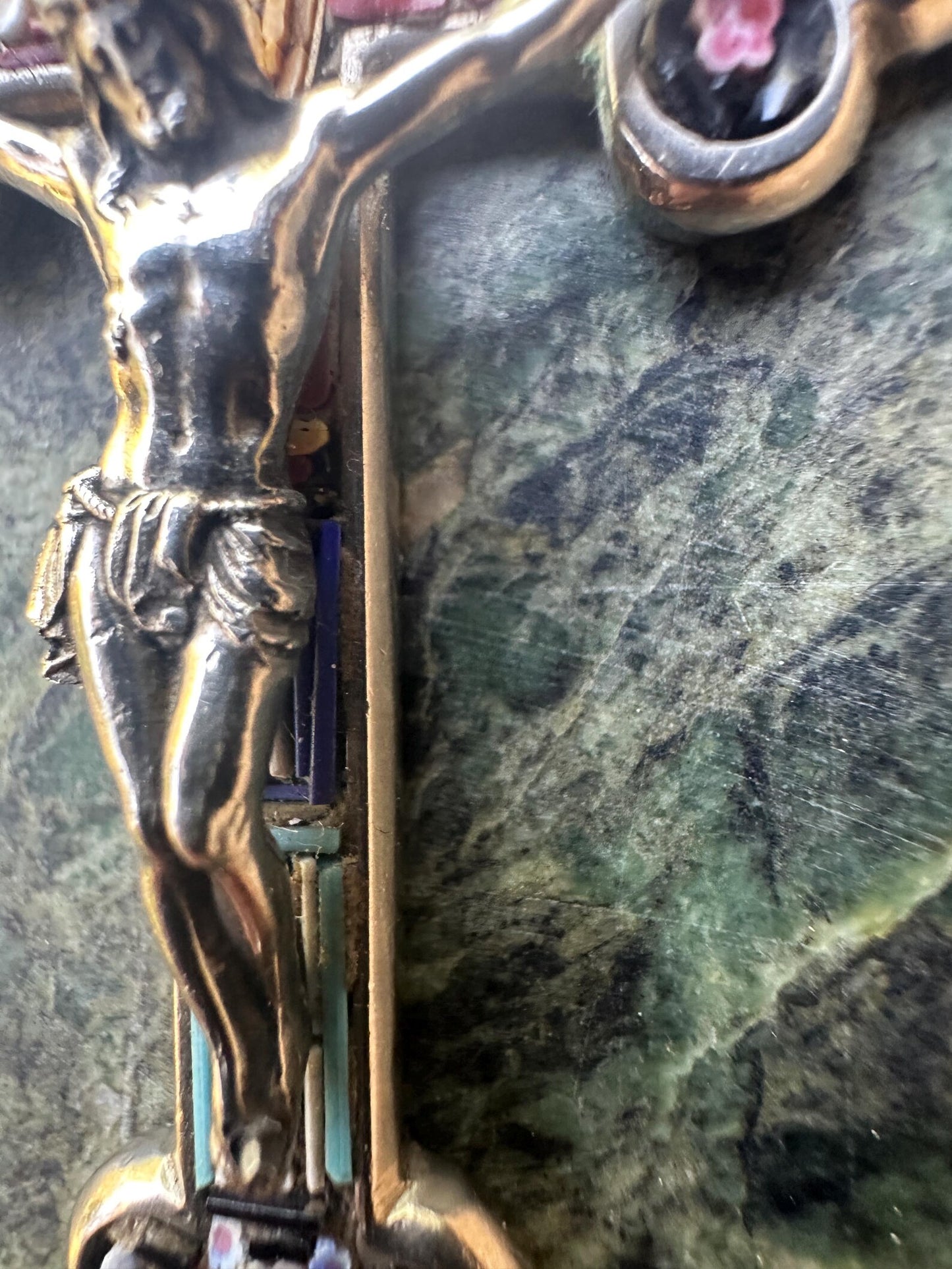 Antique Silvered Bronze Christian Cross with Micro-Mosaics – Arma Christi Symbols