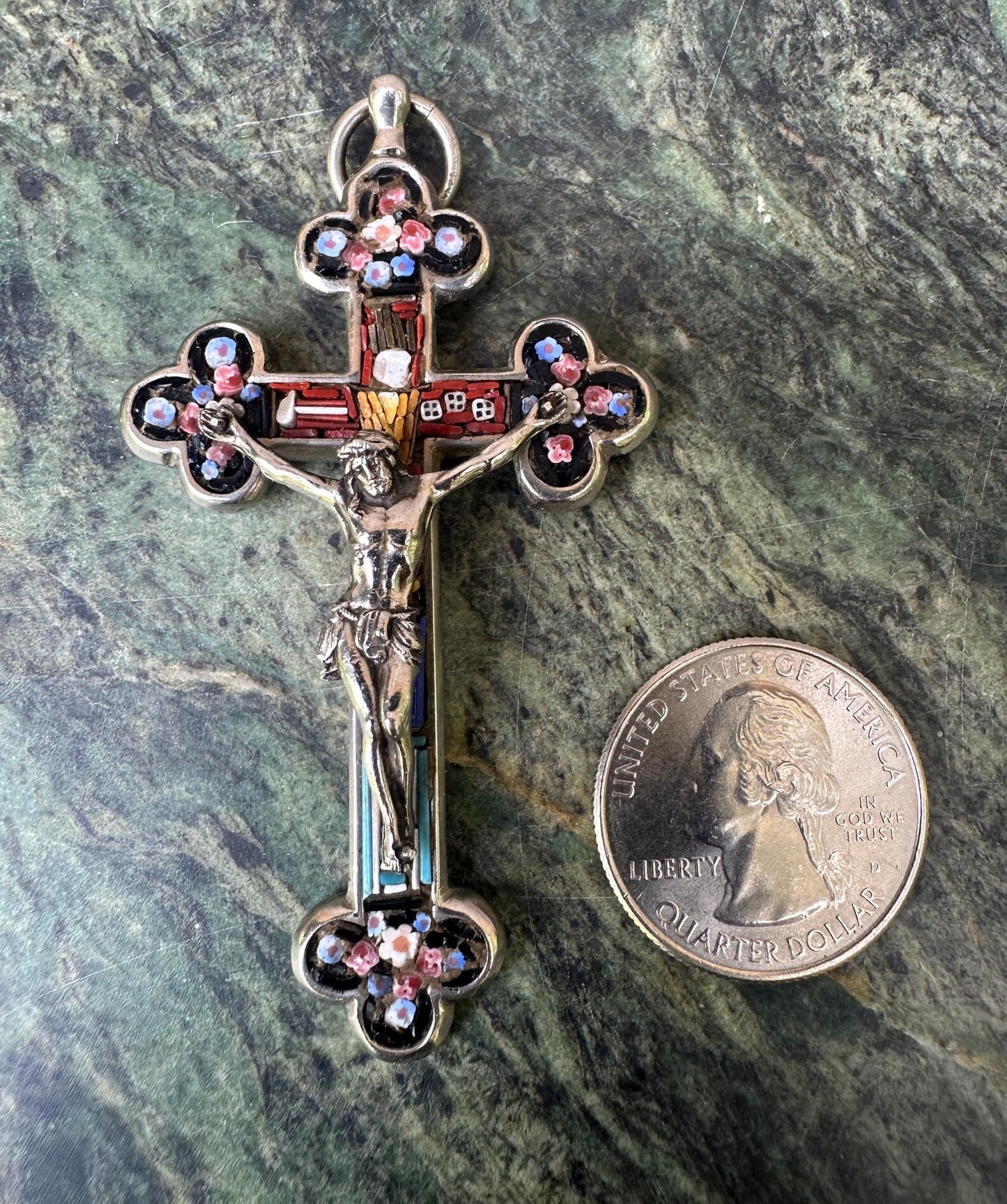 Antique Silvered Bronze Christian Cross with Micro-Mosaics – Arma Christi Symbols