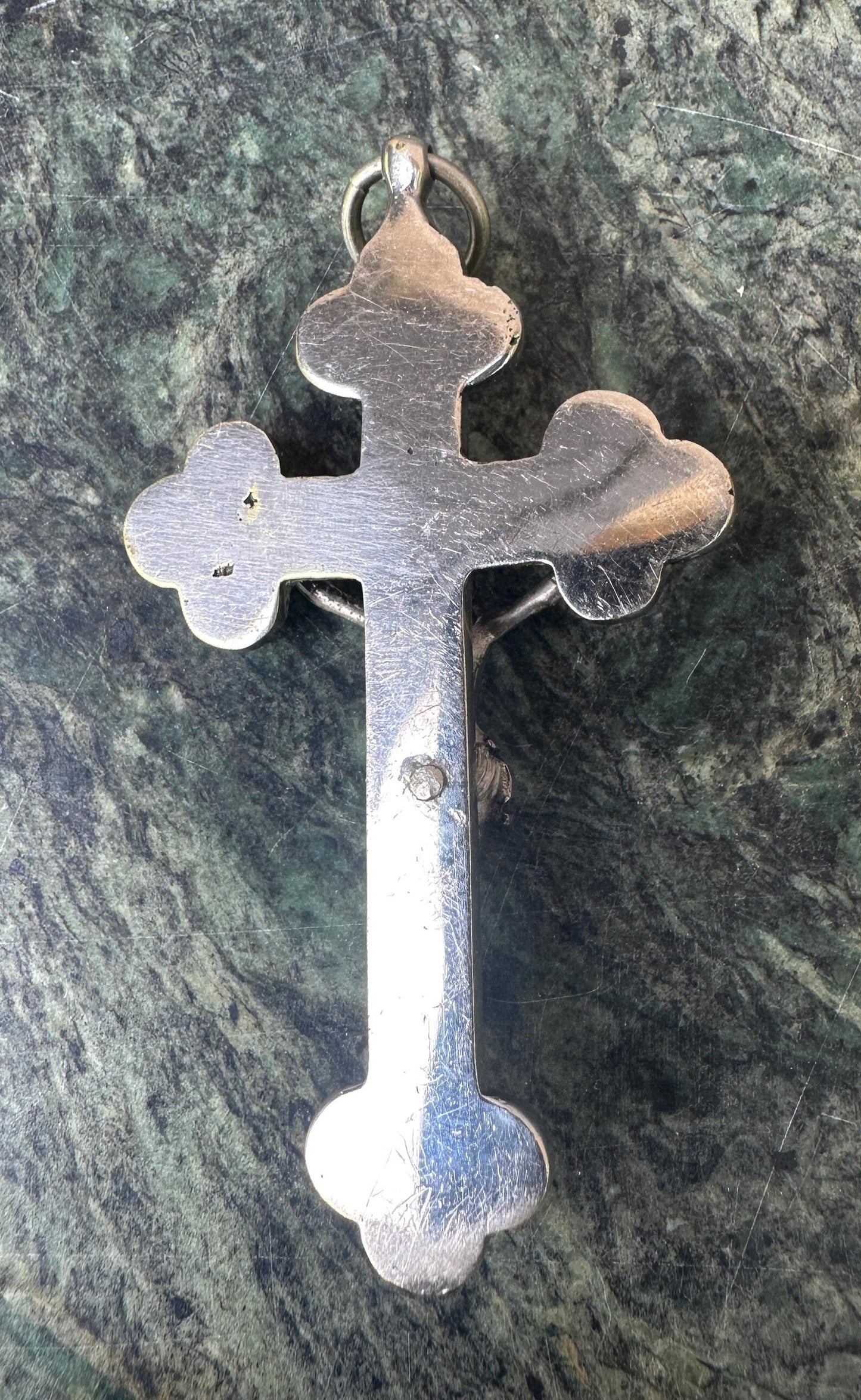 Antique Silvered Bronze Christian Cross with Micro-Mosaics – Arma Christi Symbols