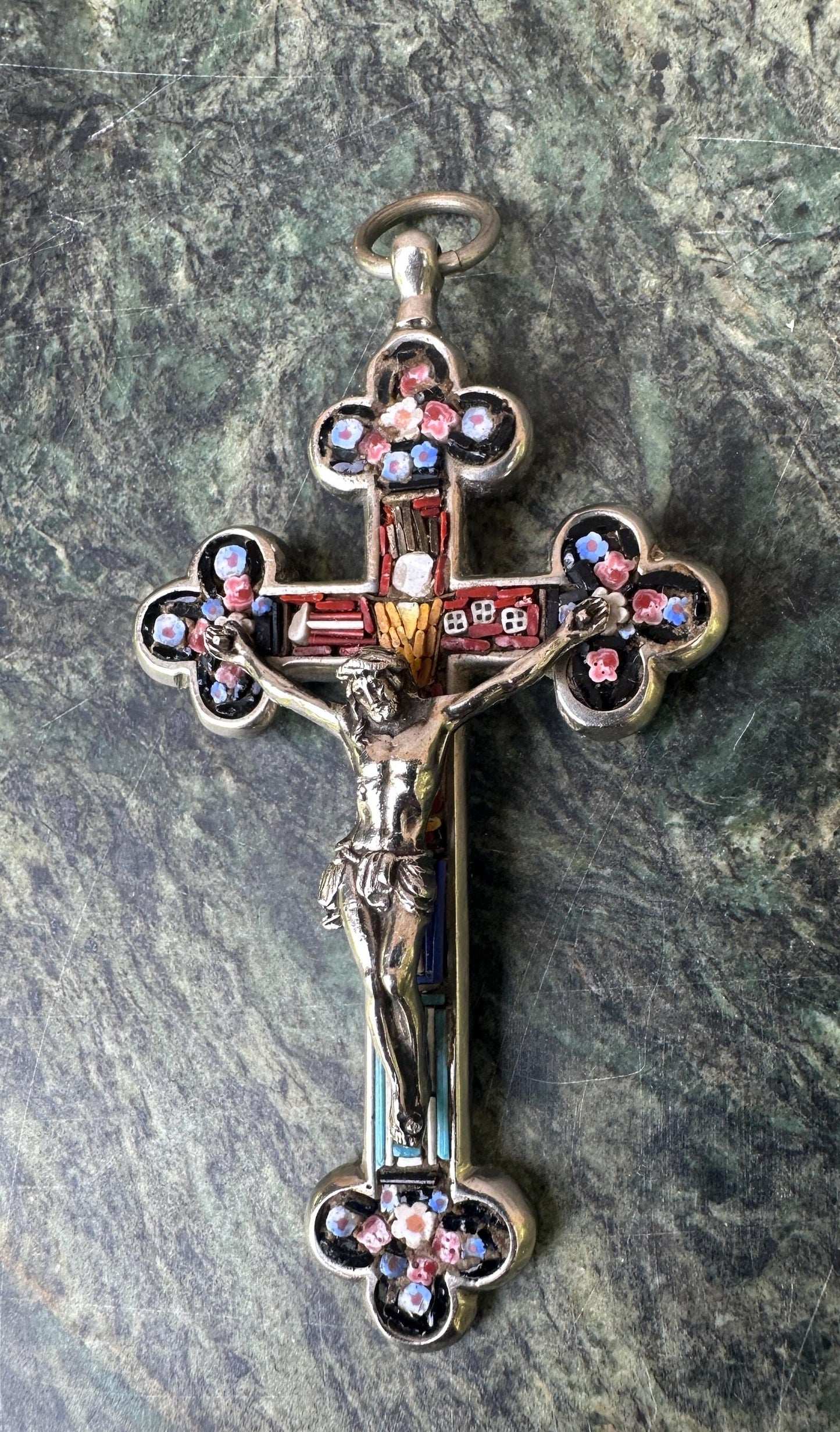 Antique Silvered Bronze Christian Cross with Micro-Mosaics – Arma Christi Symbols