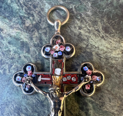 Antique Silvered Bronze Christian Cross with Micro-Mosaics – Arma Christi Symbols