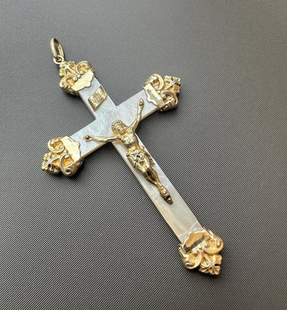 Antique religious cross pendant with fleur-de-lys vermeil tips and Christ figure