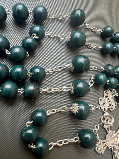 Antique Bloodstone Rosary – Sterling Silver Crucifix – Rare Green Jasper Beads – Catholic Collectible – 1900s