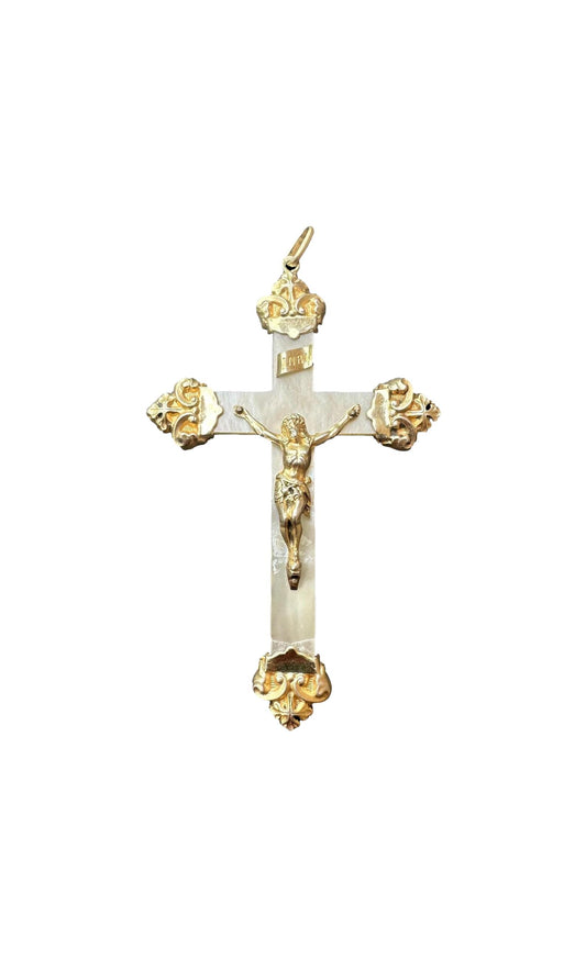 Antique religious cross pendant with fleur-de-lys vermeil tips and Christ figure