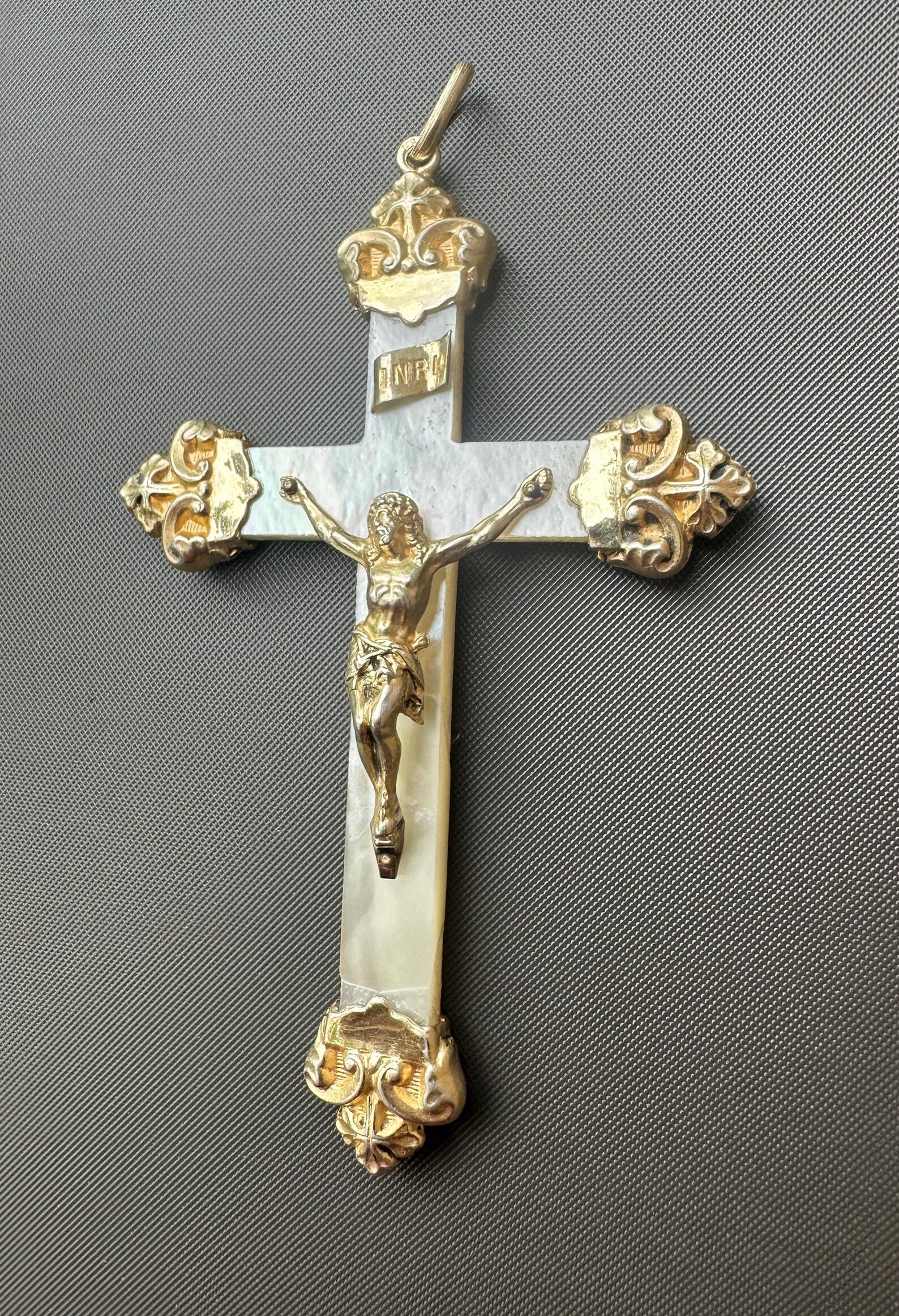 Antique religious cross pendant with fleur-de-lys vermeil tips and Christ figure
