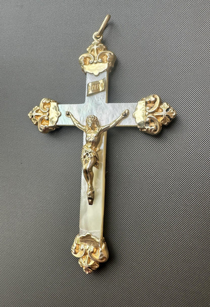 Antique religious cross pendant with fleur-de-lys vermeil tips and Christ figure