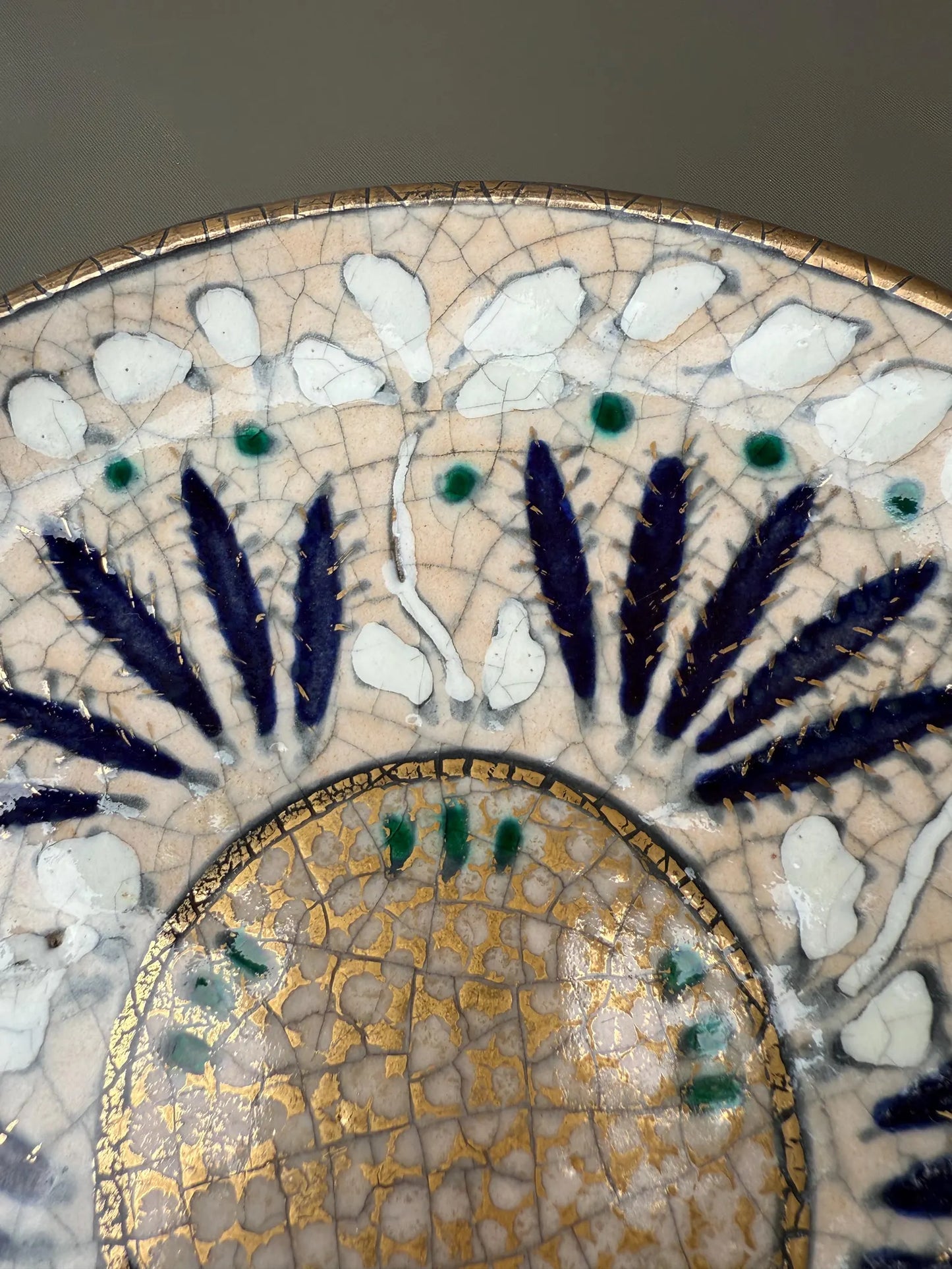 Andre Metthey (1870-1920) Glazed Ceramic Dish Plate, Art Nouveau Feather Decor