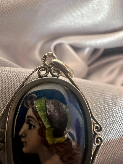 Antique Limoges Enamel Portrait Pendant – Signed Sazerat, Sterling Silver Setting