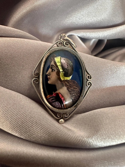 Antique Limoges enamel portrait pendant signed Sazerat, Renaissance woman painted enamel on copper, sterling silver filigree setting.