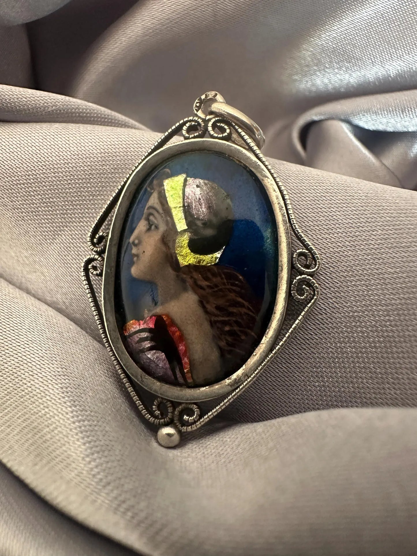 Antique Limoges Enamel Portrait Pendant – Signed Sazerat, Sterling Silver Setting