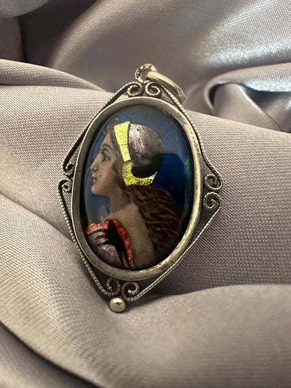 Antique Limoges Enamel Portrait Pendant – Signed Sazerat, Sterling Silver Setting