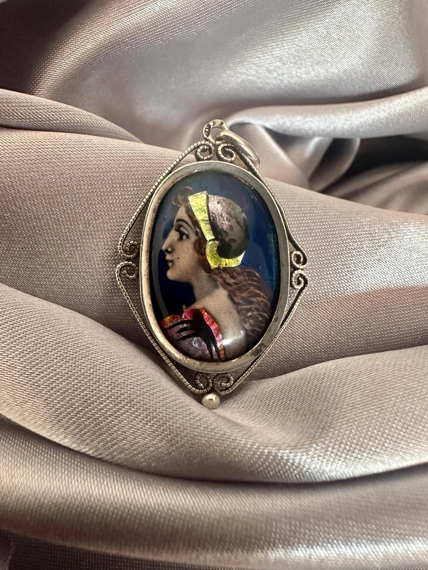 Antique Limoges Enamel Portrait Pendant – Signed Sazerat, Sterling Silver Setting