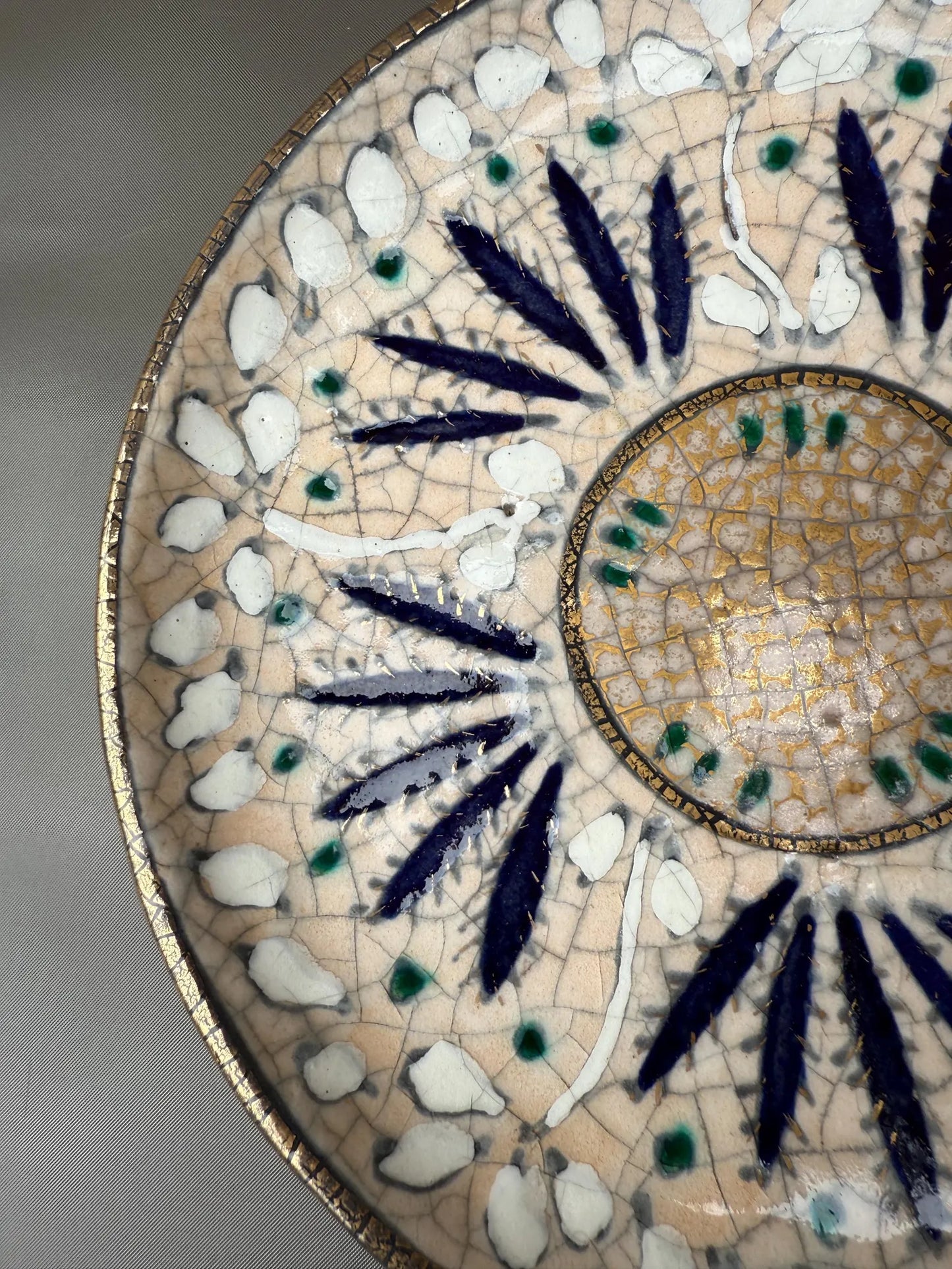 Andre Metthey (1870-1920) Glazed Ceramic Dish Plate, Art Nouveau Feather Decor