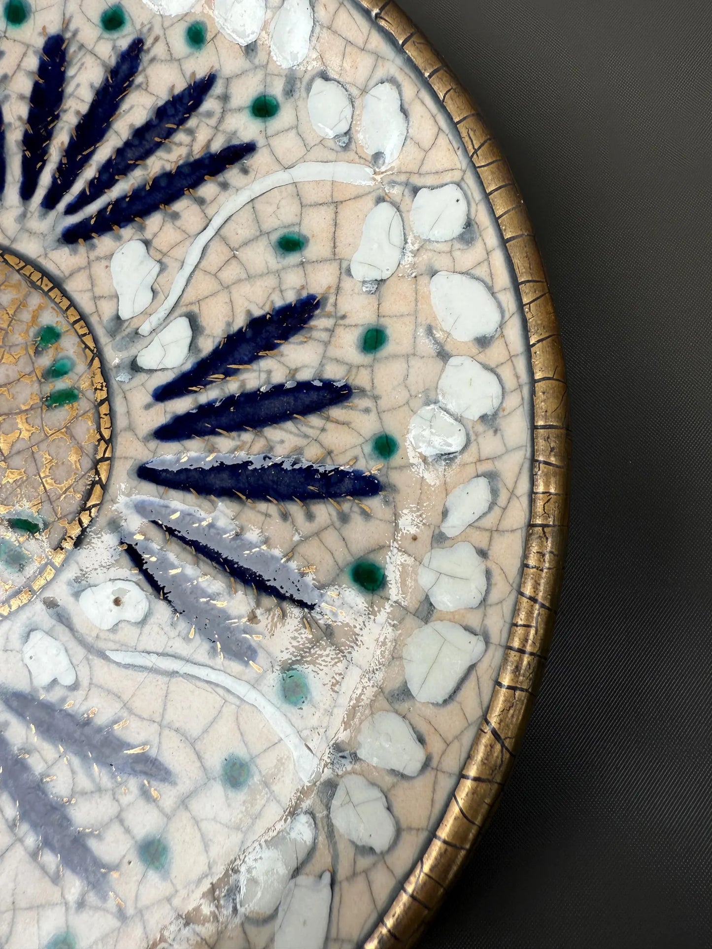 Andre Metthey (1870-1920) Glazed Ceramic Dish Plate, Art Nouveau Feather Decor