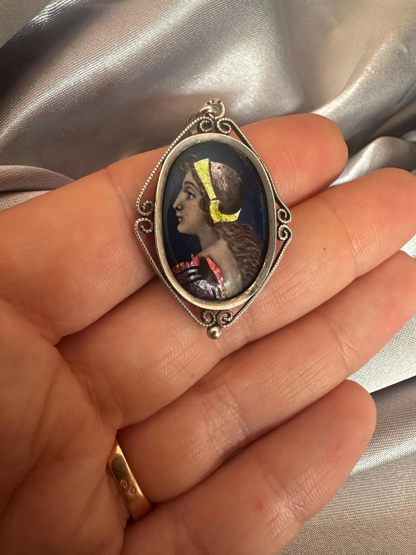 Antique Limoges Enamel Portrait Pendant – Signed Sazerat, Sterling Silver Setting
